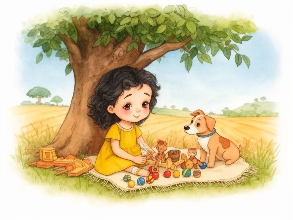 Helena organiza os brinquedos sob o ipê