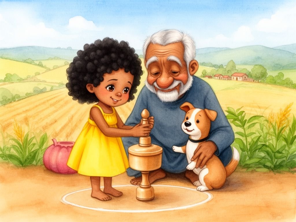 Vovô ensina Helena a girar o pião