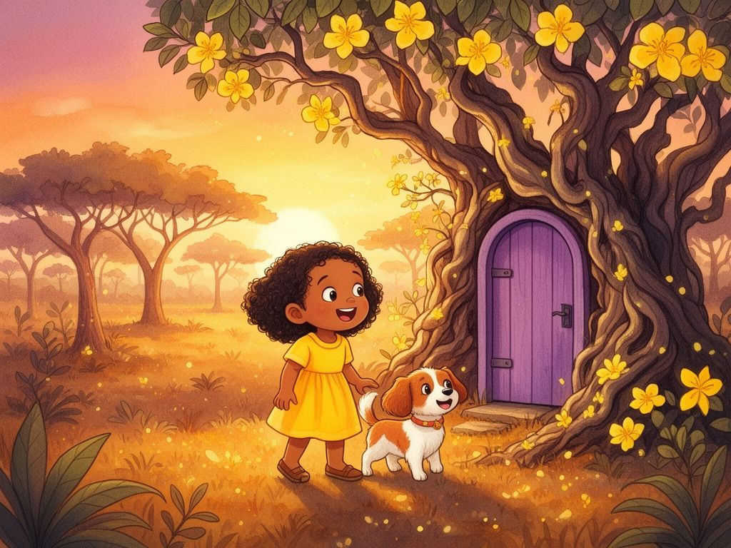 Helena e Tedi encontram uma porta roxa entre as árvores