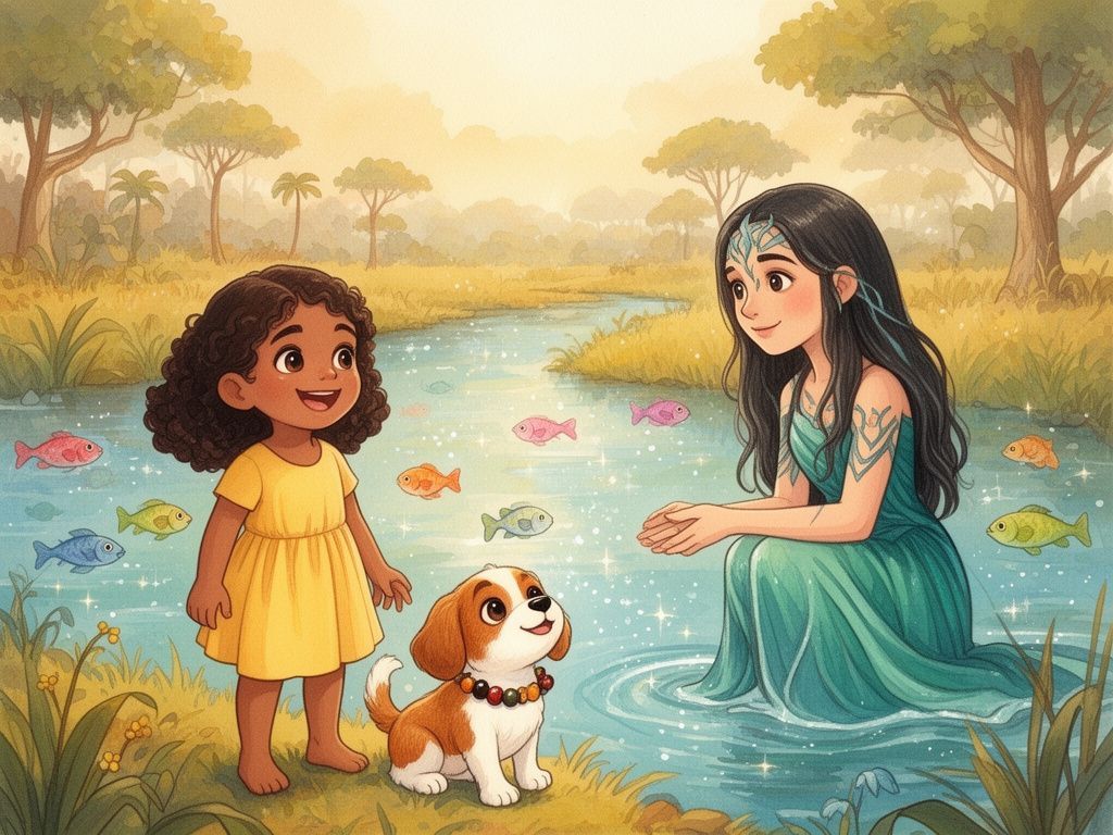 Helena e Tedi encontram Iara junto ao rio encantado