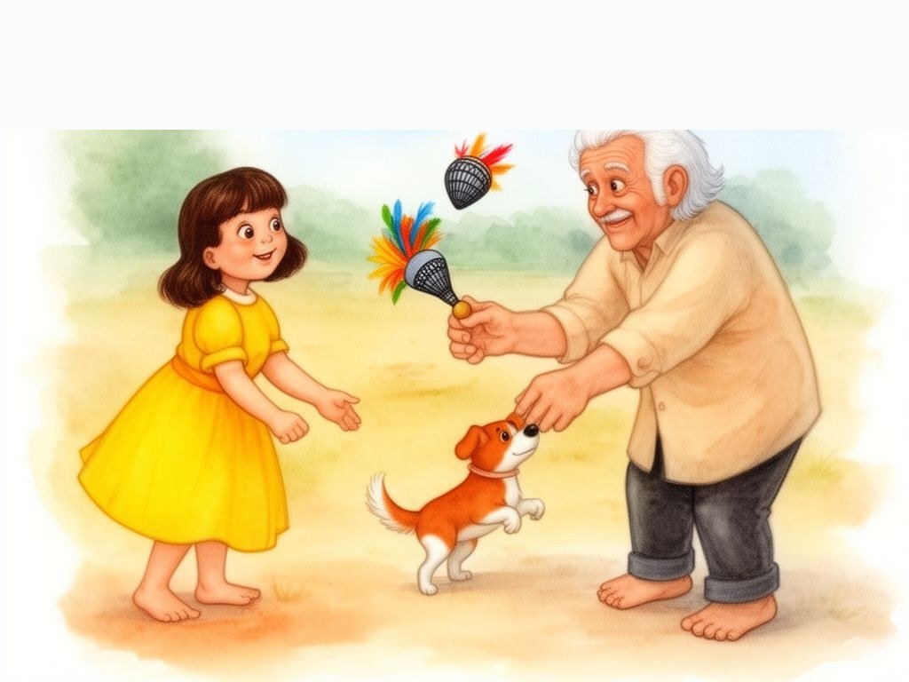 Vovô ensina Tedi e Helena com uma peteca